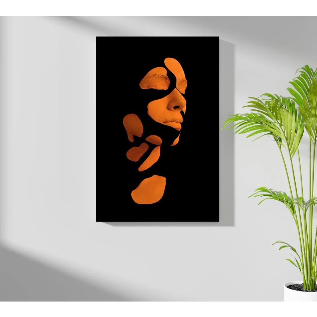 Bold orange face abstract art print on sleek black aluminum