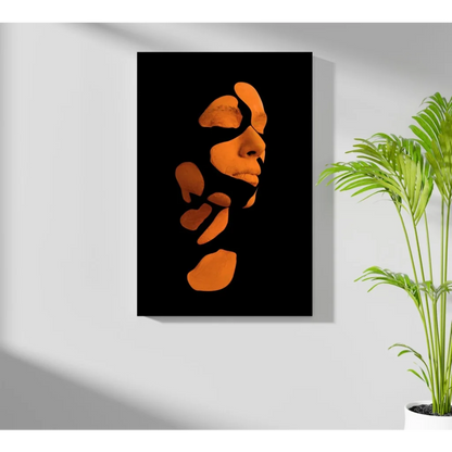 Bold orange face abstract art print on sleek black aluminum
