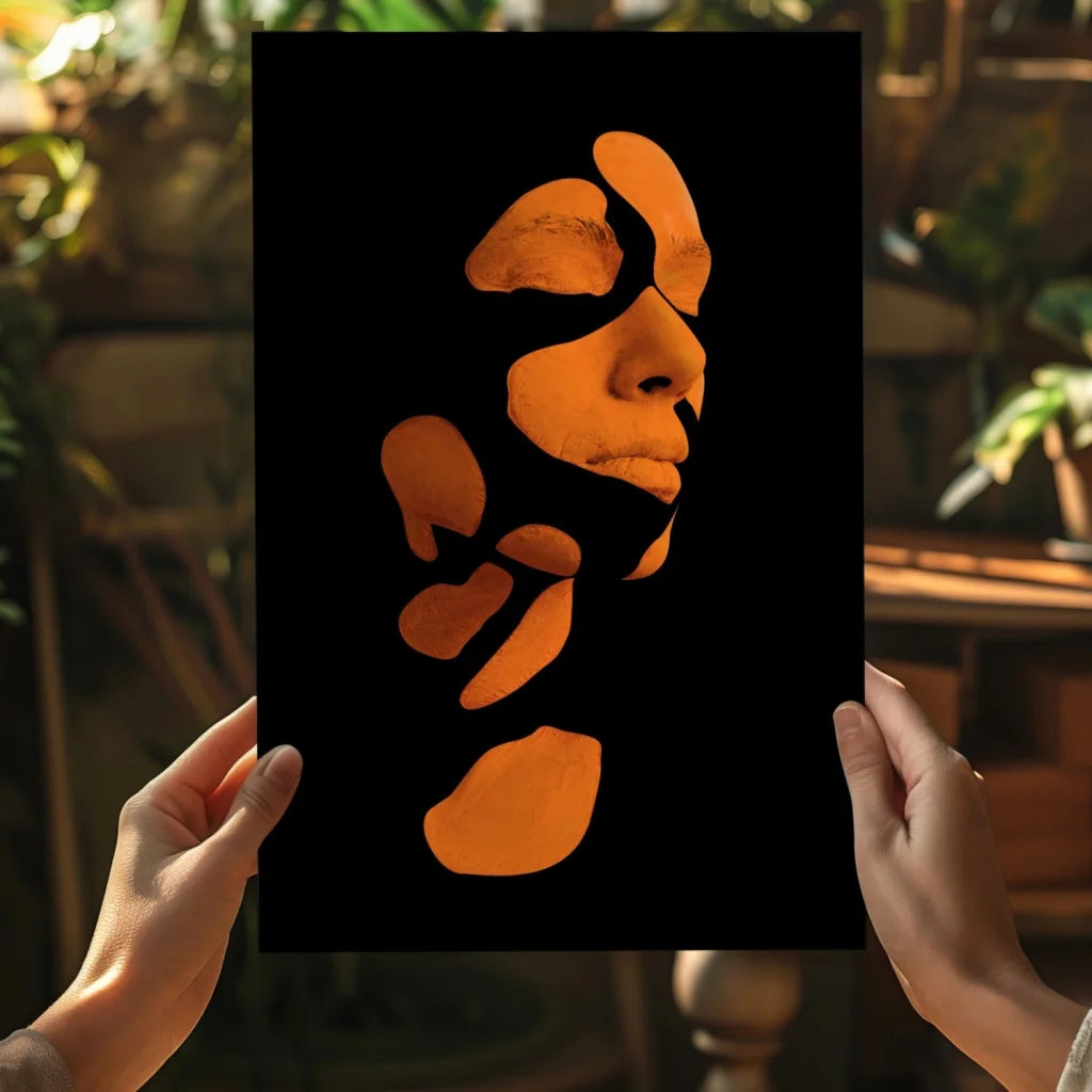 Bold orange abstract face cutout art on sleek black aluminum print