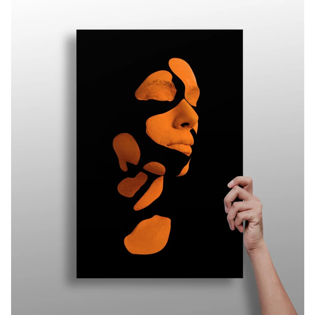 Bold orange pumpkin face wall art on sleek black aluminum print