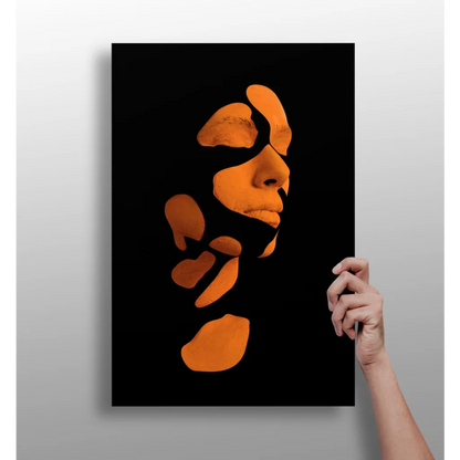 Bold orange pumpkin face wall art on sleek black aluminum print