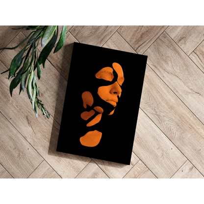 Bold orange abstract face on sleek black aluminum print