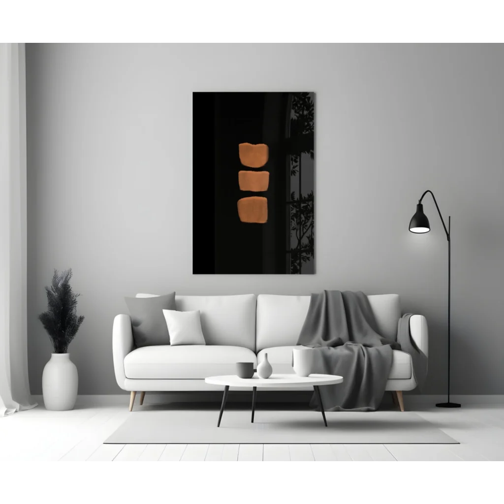 Bold orange grid abstract wall art print with black design on white couch