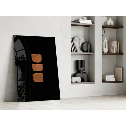 Bold orange grid abstract wall art print with black canvas and brown shapes