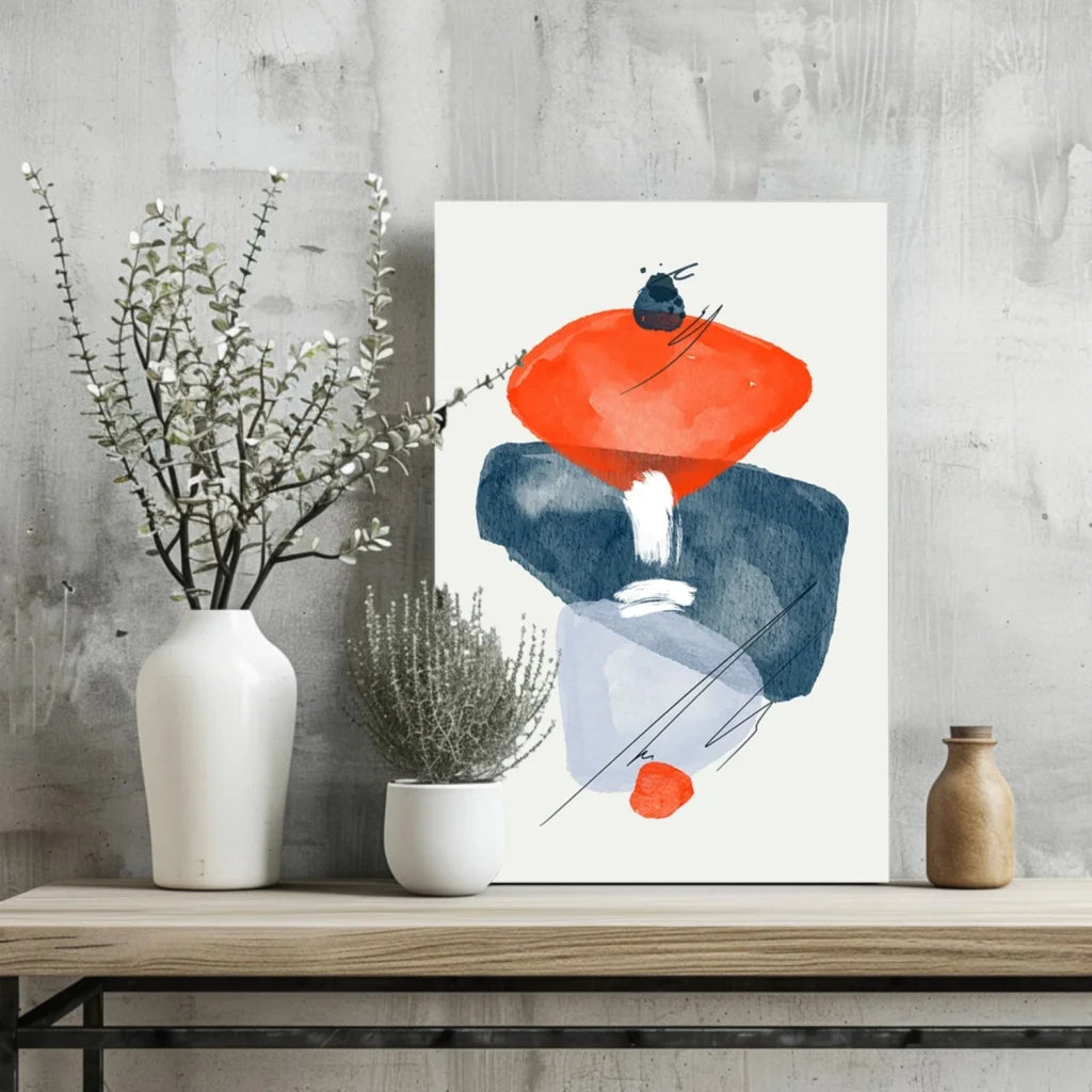 Bold orange and navy abstract watercolor on aluminum print
