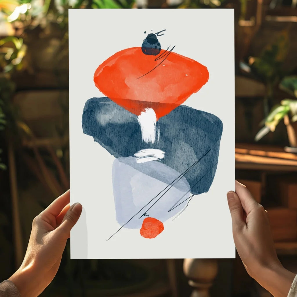 Bold orange and navy abstract watercolor print on aluminum