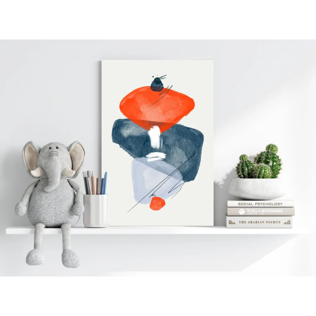 Bold orange and navy abstract watercolor on cream background aluminum print