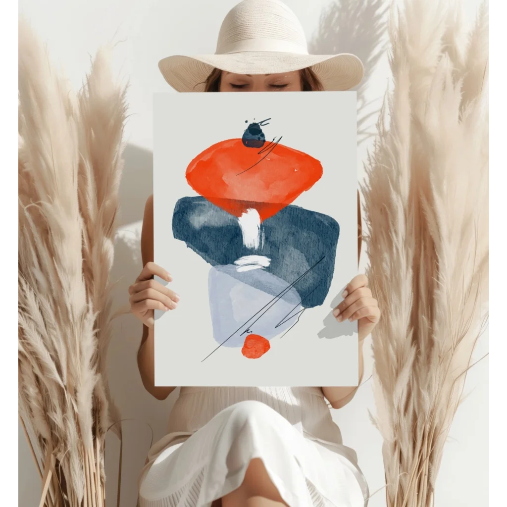 Bold orange and navy abstract watercolor aluminum print with gray shapes and black insect on red form