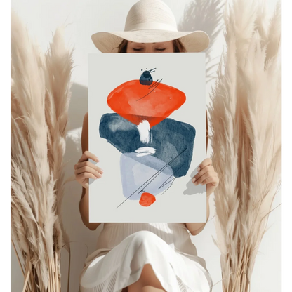 Bold orange and navy abstract watercolor aluminum print with gray shapes and black insect on red form