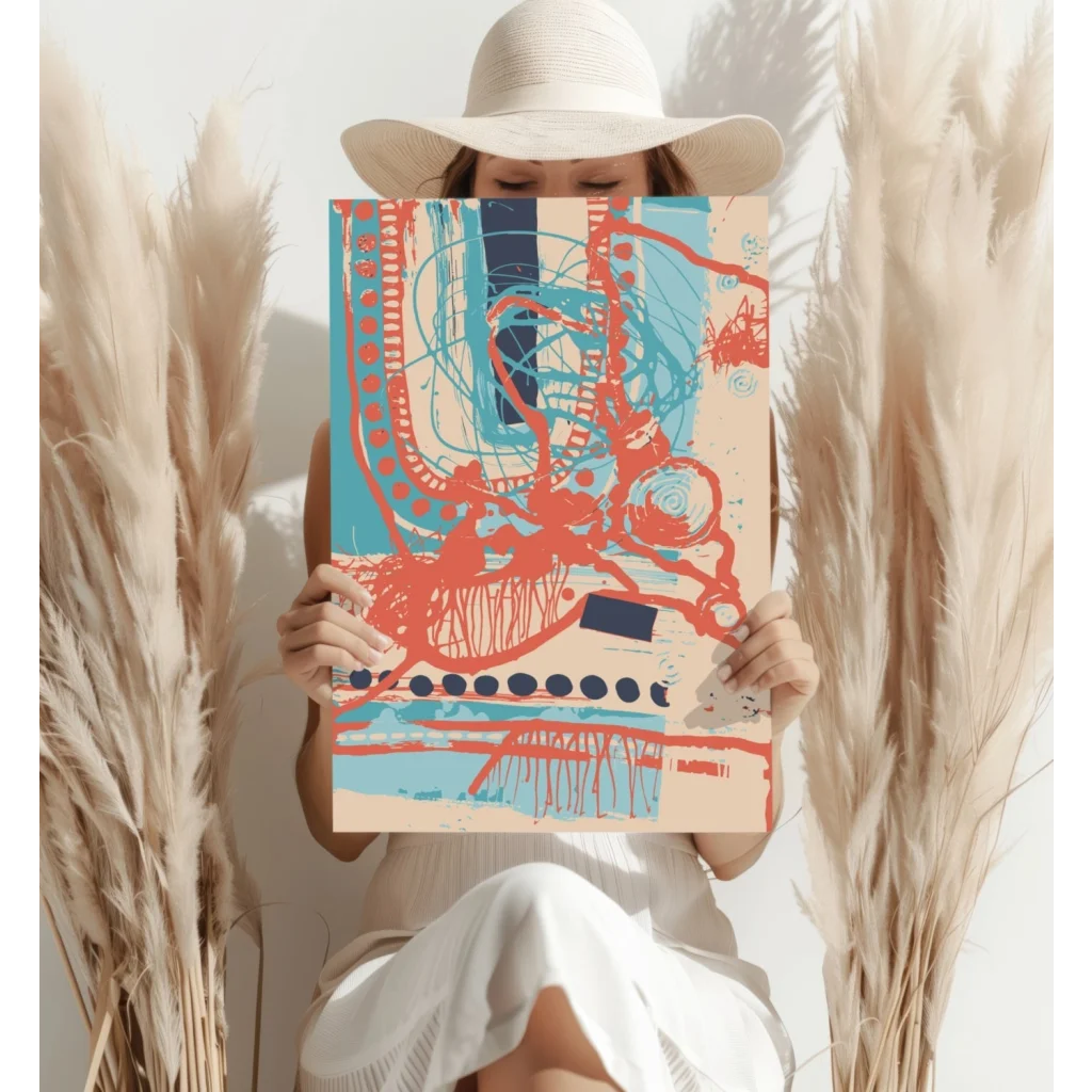 Bold red teal navy abstract art print on aluminum, beige background