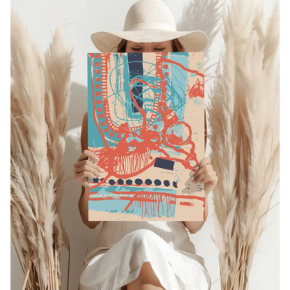 Bold red teal navy abstract art print on aluminum, beige background