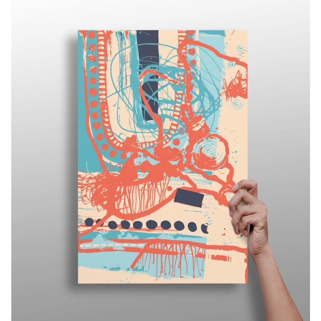 Bold orange teal navy abstract art print on aluminum