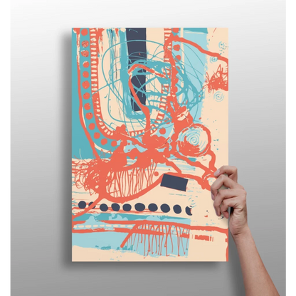 Bold orange teal navy abstract art print on aluminum