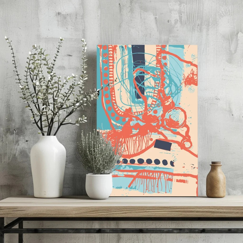 Bold orange teal navy abstract art print on aluminum, vibrant brushstrokes