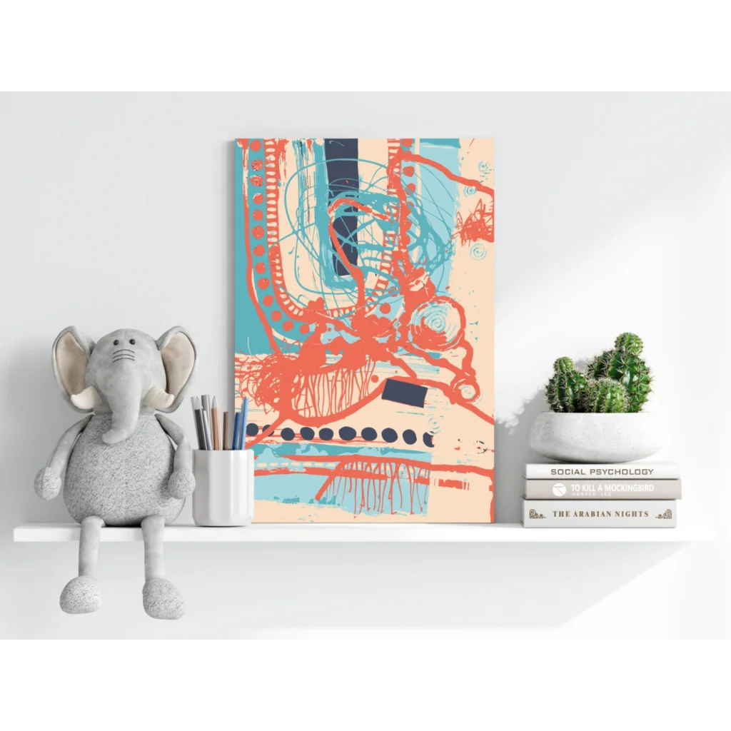 Bold orange teal navy abstract swirls on textured aluminum print