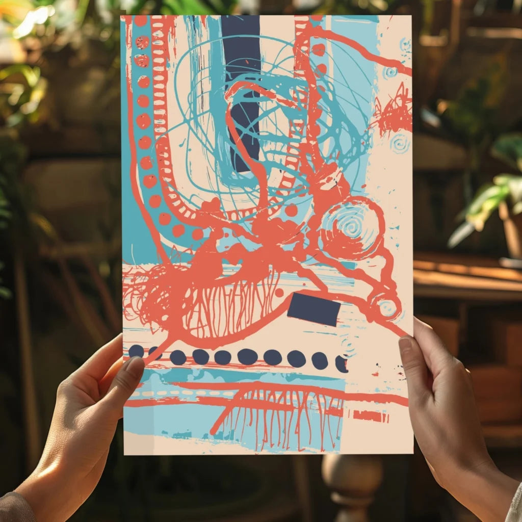 Bold red teal navy abstract art print on aluminum, held by hands