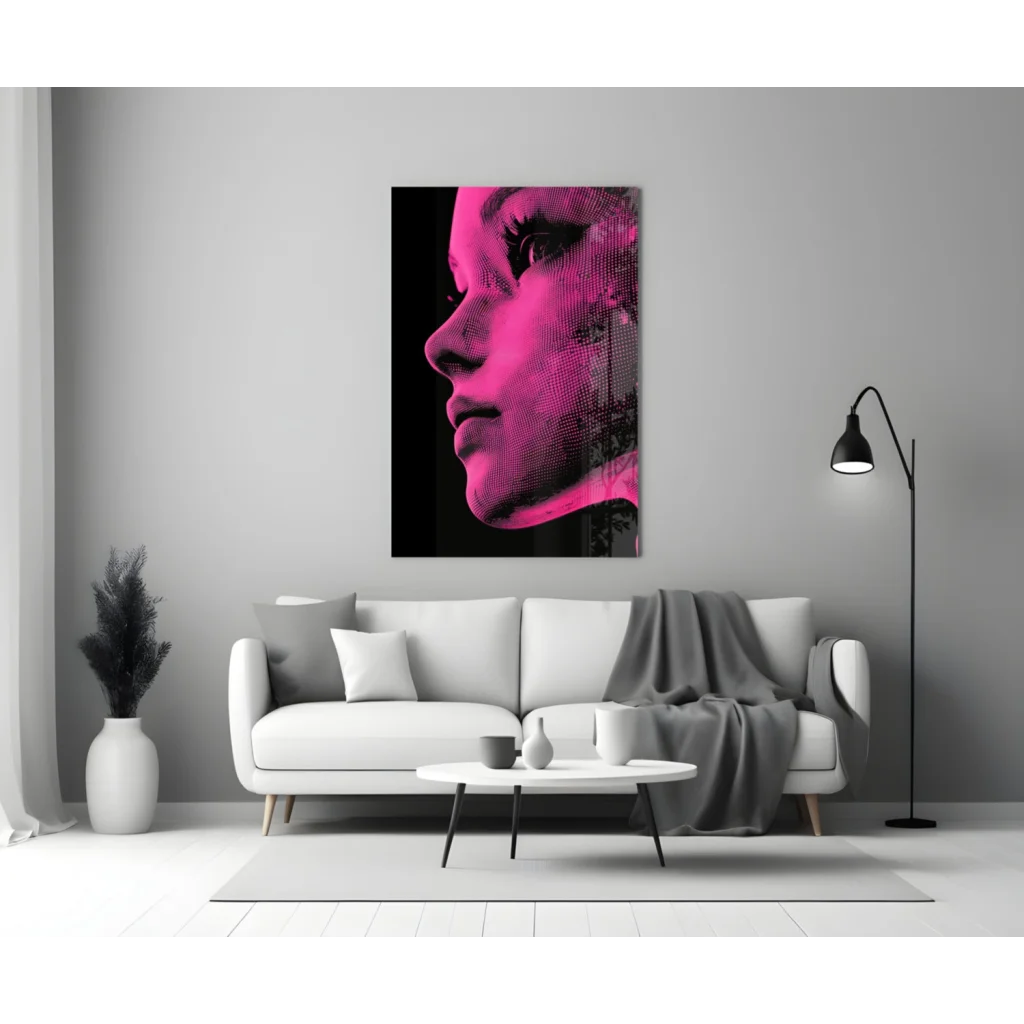 Bold pink pop art portrait of woman on canvas wall art
