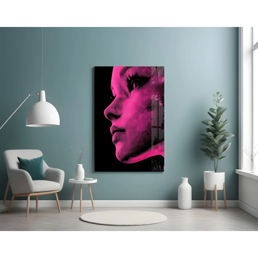 Neon pink pop art portrait of womans face on canvas wall art