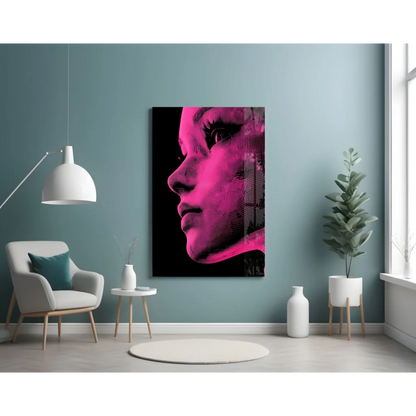 Neon pink pop art portrait of womans face on canvas wall art