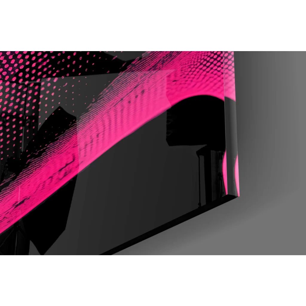 Bold pink pop art portrait of black grand piano with geometric lid on wall art