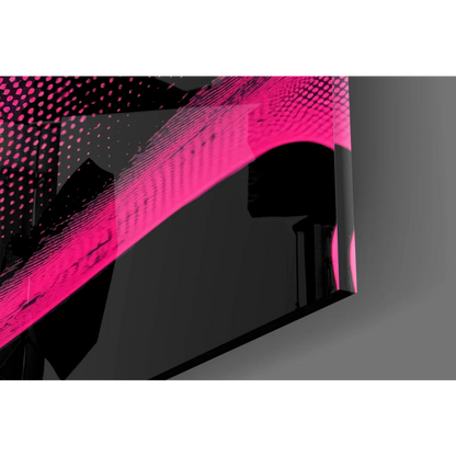 Bold pink pop art portrait of black grand piano with geometric lid on wall art
