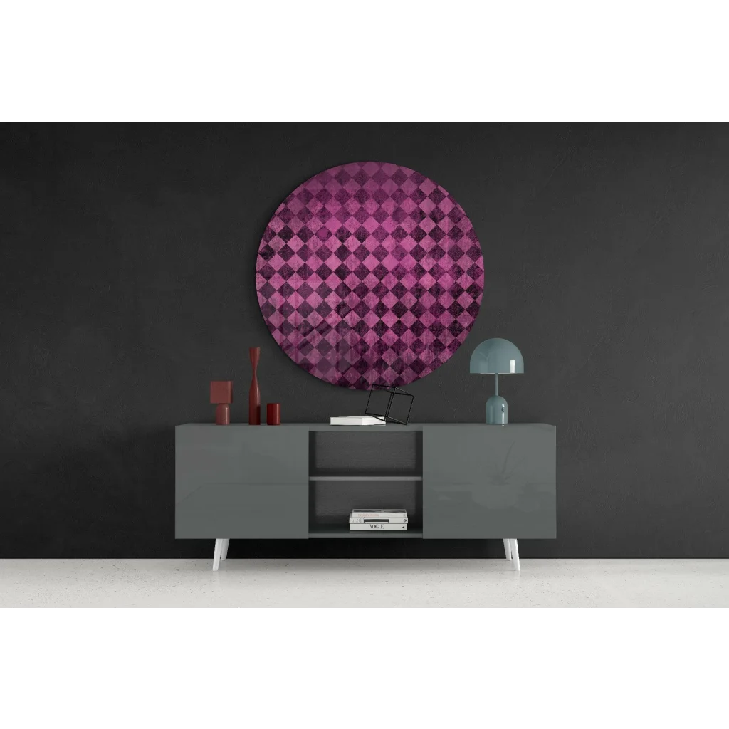 Bold pink purple checkered tempered glass art circle with diamond pattern