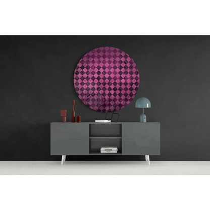 Bold pink purple checkered tempered glass art circle with diamond pattern