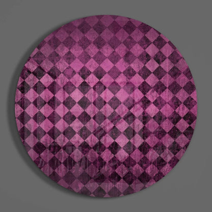 Bold pink purple checkered tempered glass art circle with vintage texture