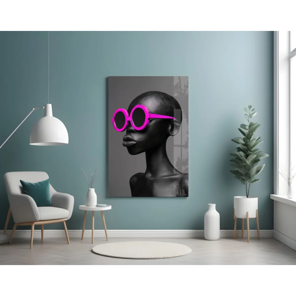 Black-and-white woman in bold pink sunglasses pop art wall art print