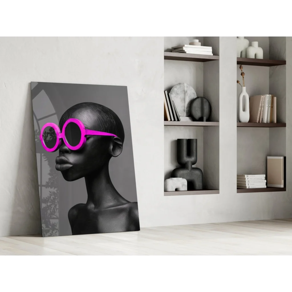 Stylized pop art portrait woman in bold pink sunglasses on black-and-white canvas wall art