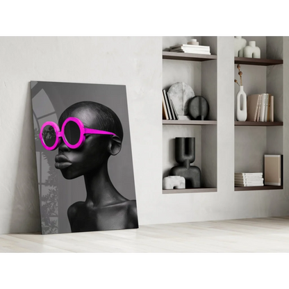 Stylized pop art portrait woman in bold pink sunglasses on black-and-white canvas wall art