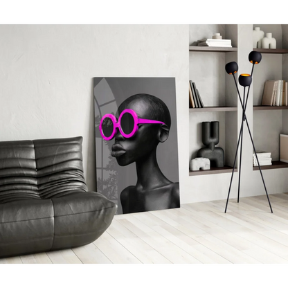 Bold pink sunglasses pop art woman on black-and-white wall art canvas print