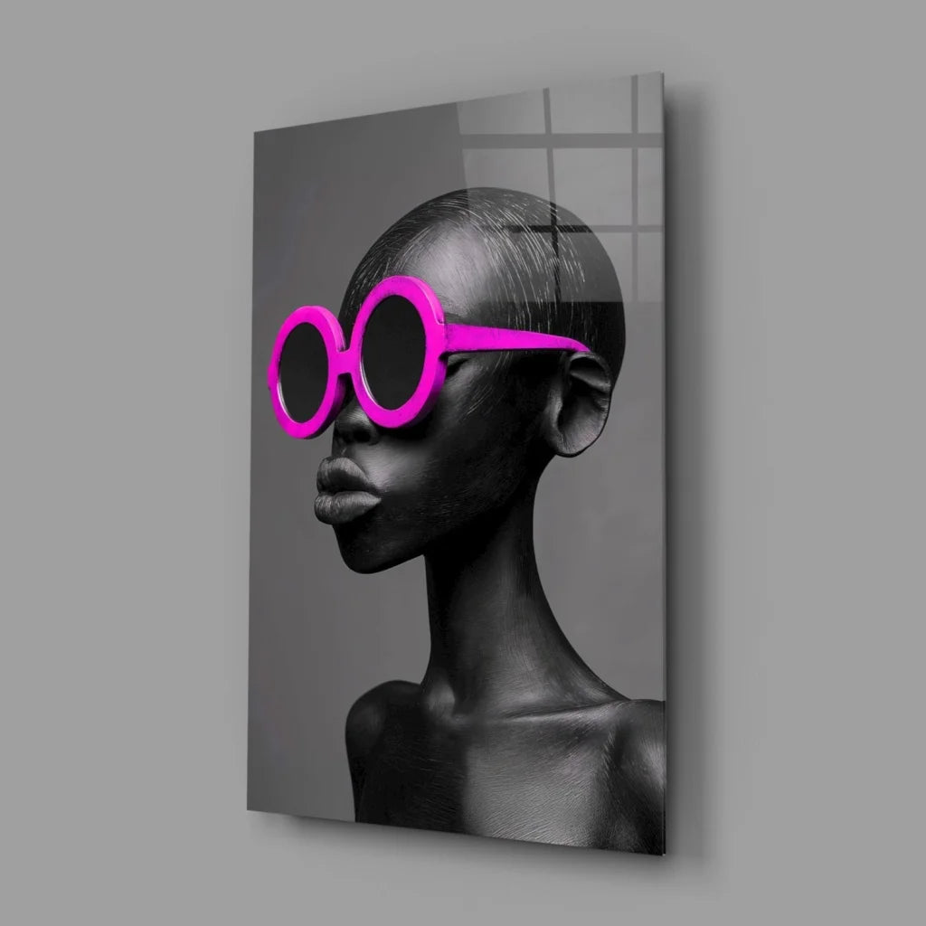 Stylized black-and-white pop art portrait with bold pink sunglasses wall art