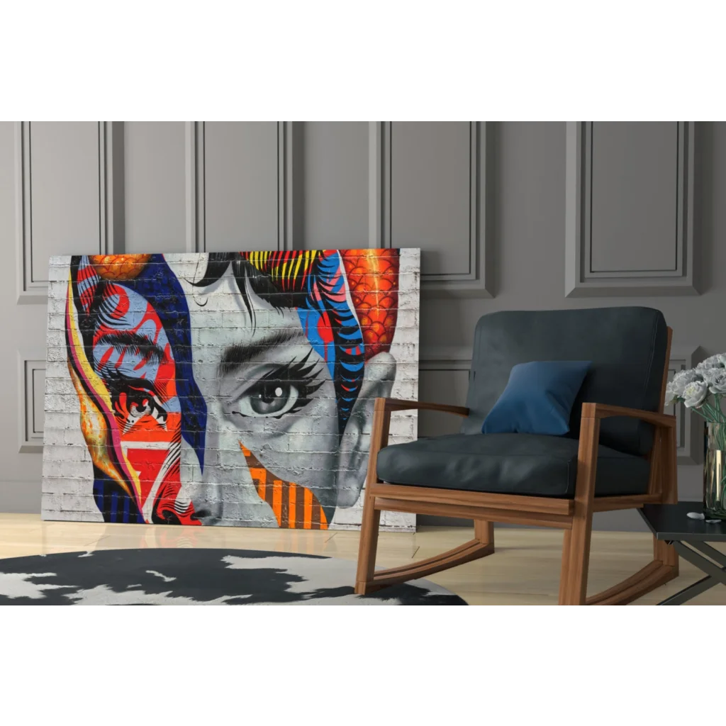 Vibrant pop art face wall art canvas with bold geometric patterns
