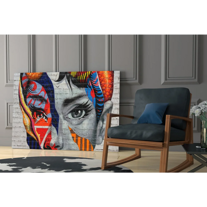 Vibrant pop art face wall art canvas with bold geometric patterns
