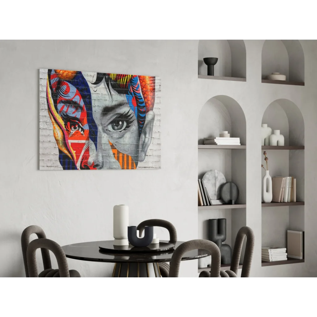 Vibrant pop-art Audrey Hepburn portrait wall art on white wall