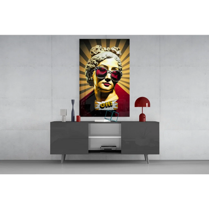 Bold gold statue of Marilyn Monroe in red sunglasses on glass wall art