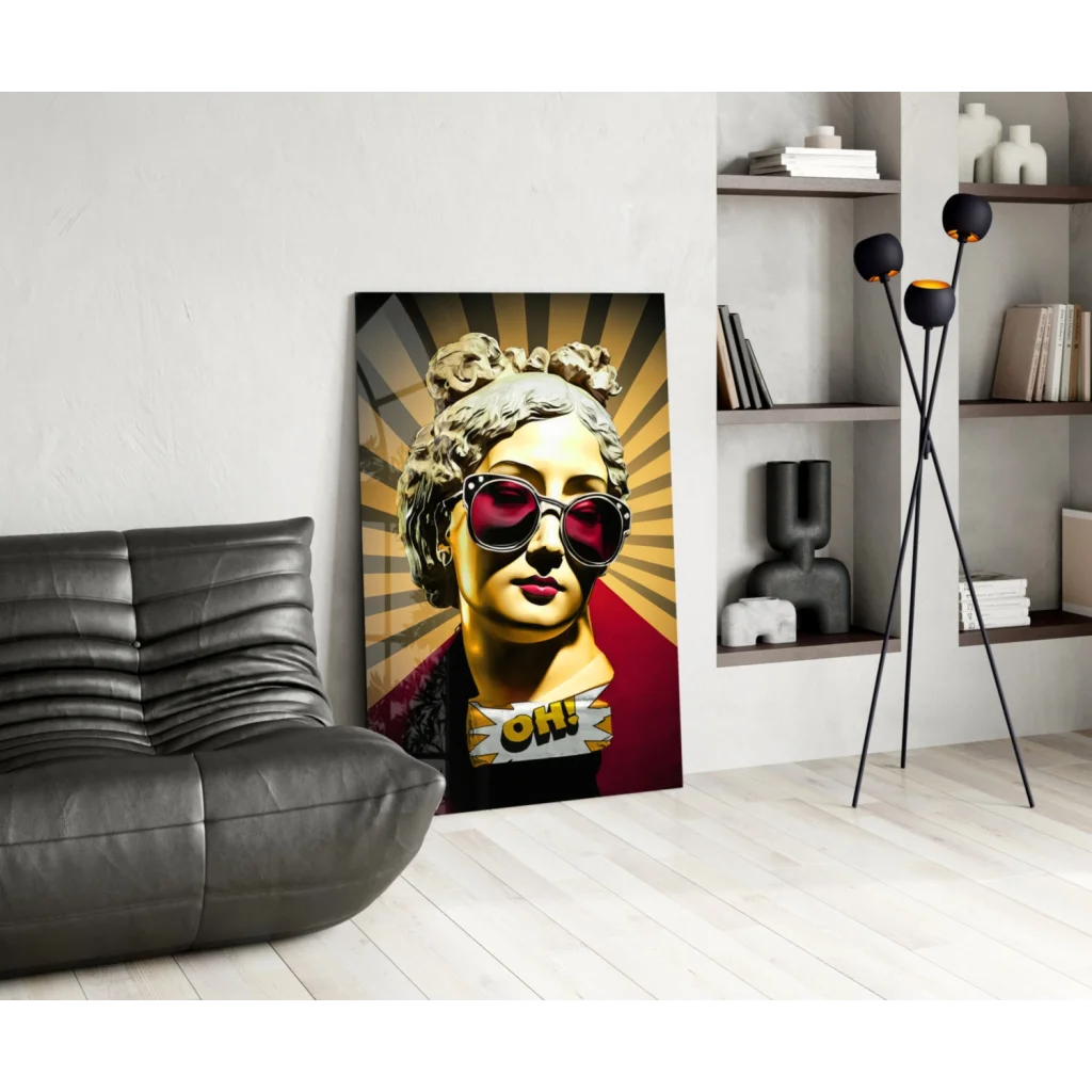 Vibrant glass wall art of woman in sunglasses with omg text, Frida Kahlo style
