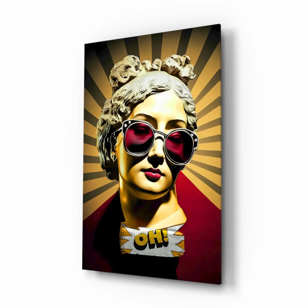 Frida Kahlo gold bust with red sunglasses and oh! bubble on glass wall art