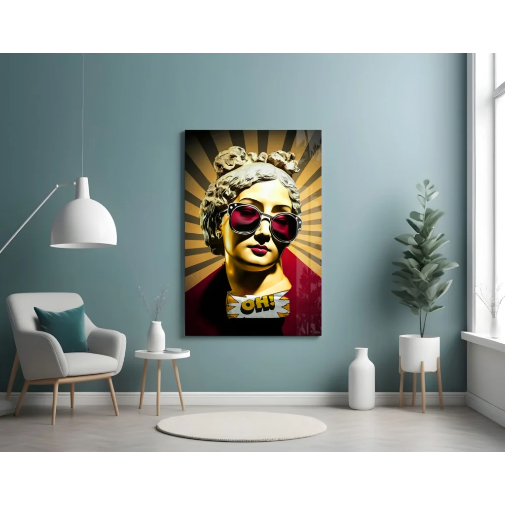 Bold red and gold pop art glass wall art statue of Marilyn Monroe with sunglasses