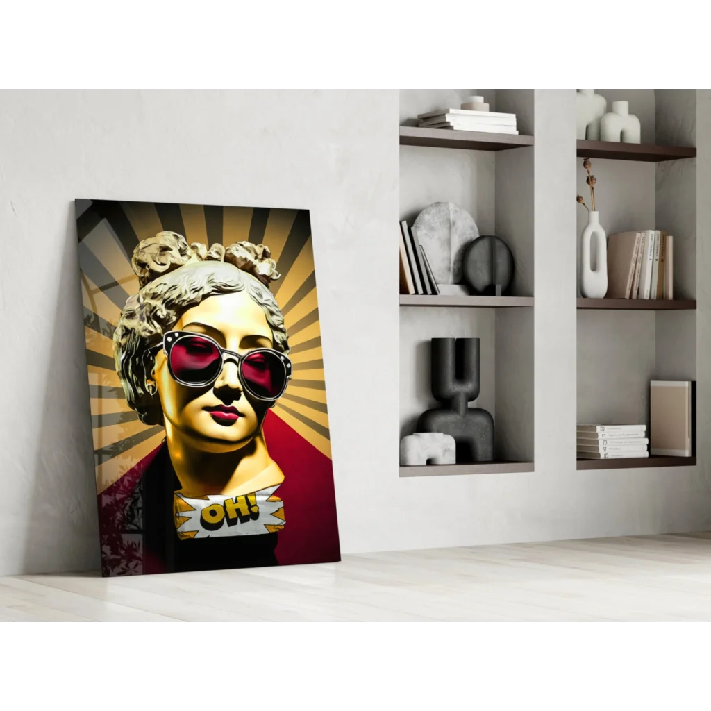 Bold gold statue with red sunglasses and oh text, Marilyn Monroe and Frida Kahlo glass wall art