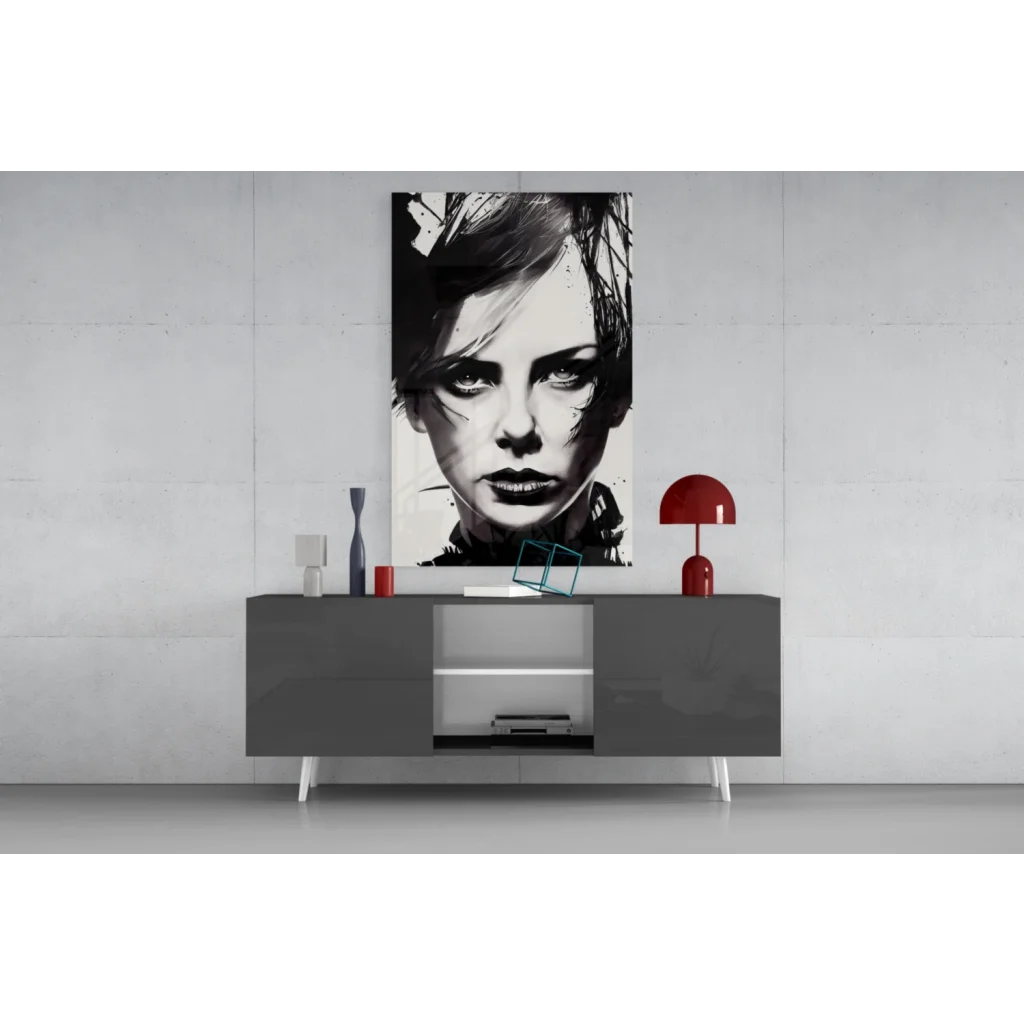 Bold black and white pop art portrait of woman with short hair on gray sideboard wall art