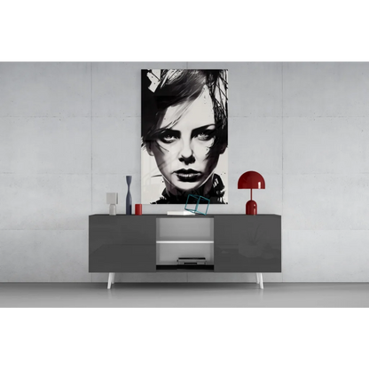 Bold black and white pop art portrait of woman with short hair on gray sideboard wall art