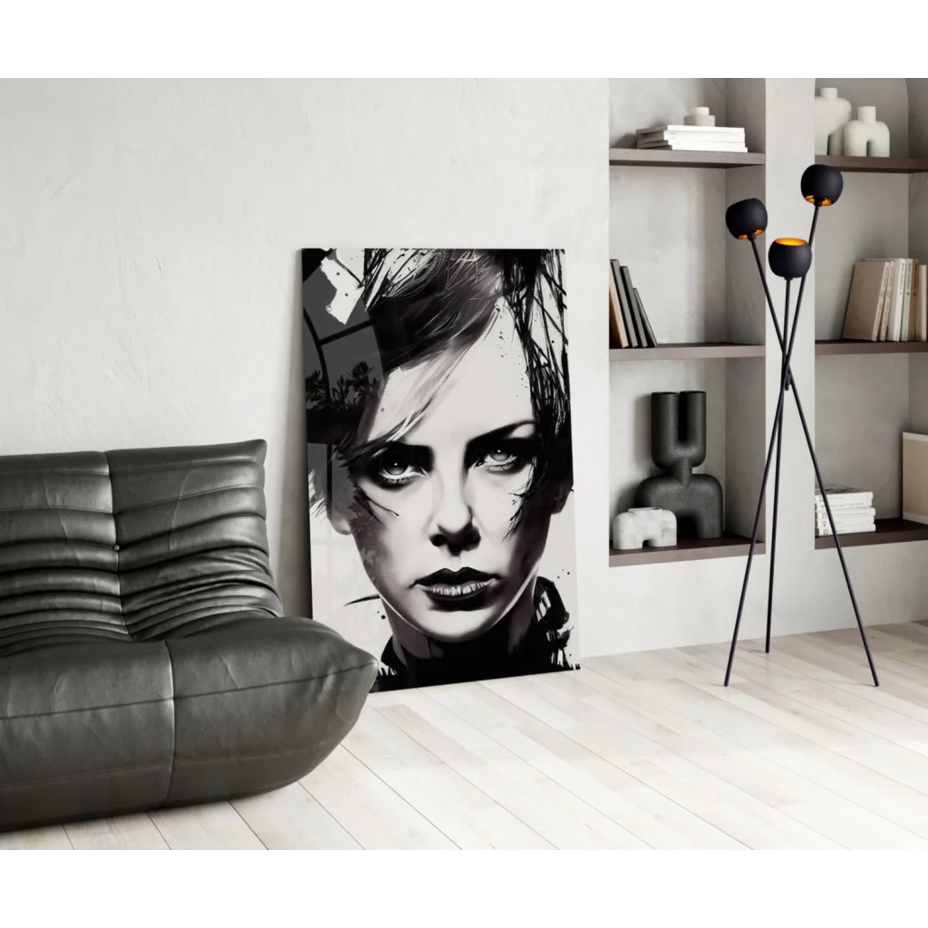 Bold black and white pop art portrait canvas wall art with textured brushstrokes