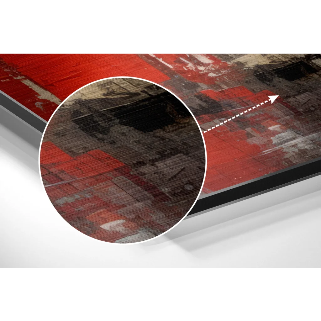 Bold red abstract art on brushed aluminium dibond print