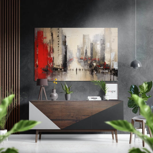 Bold red abstract cityscape on brushed aluminium dibond print