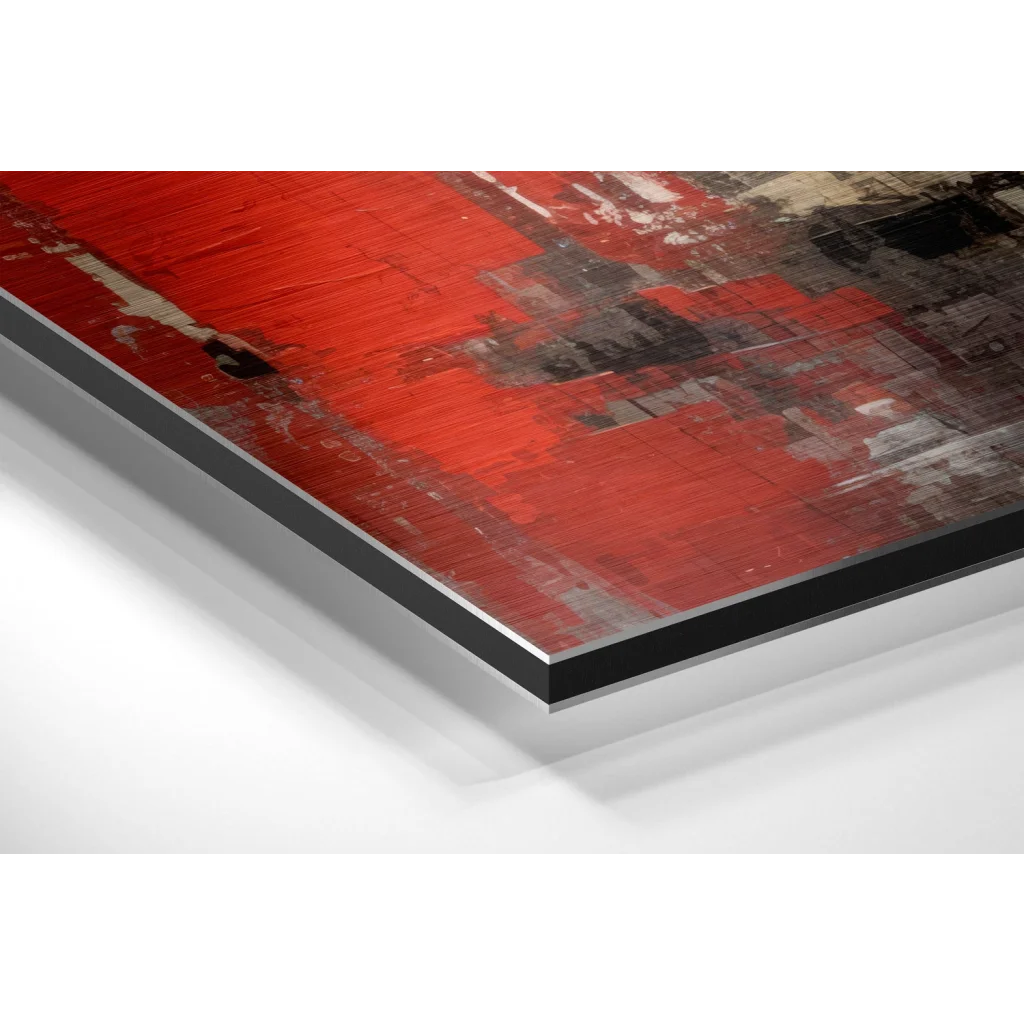 Bold red abstract art on brushed aluminium dibond print