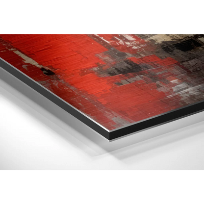 Bold red abstract art on brushed aluminium dibond print