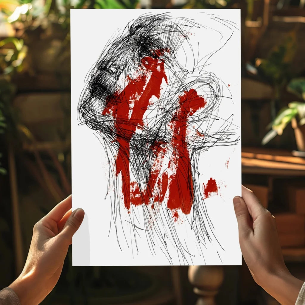 Bold red black abstract art print on white paper for modern homes