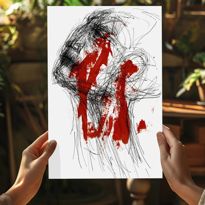 Bold red black abstract art print on white paper for modern homes